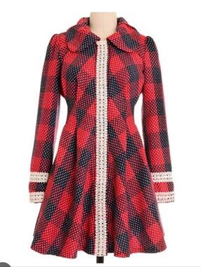 Ryu Red and Navy Plaid Swing Pea Coat